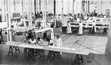 View of general fabric work-room in aircraft factory .