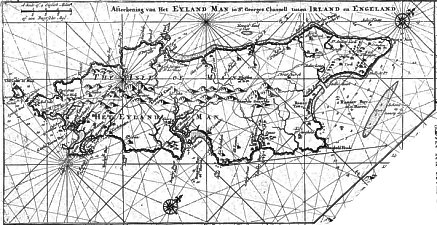 Map - Afteekenig van Het Eyland Man in St Georges Channell tussen Irland en Engeland (van Keulen 1734)